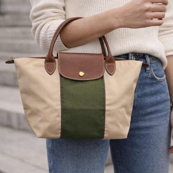 Handbags - Longchamp mini Elegant Tan and Green Tote Bag